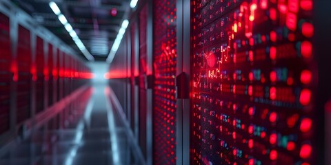 Wall Mural - Red light illuminates stock market graph in server room. Concept Technology, Finance, Stock Market, Data Analysis, Server Room