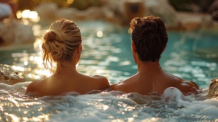 Wall Mural - Couple relaxing in a luxurious hot spring resort, close-up view, copy space