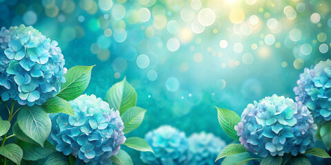 Lush blue hydrangea flowers in full bloom surrounded by bright green leaves against a bokeh light background to create a calm and magical atmosphere with copy space. Festive concept. AI generated.