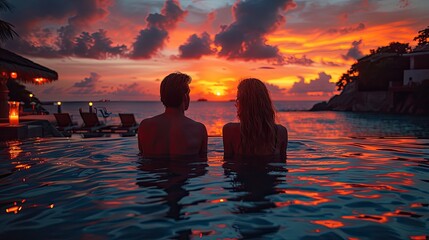 Couple enjoying a romantic evening under the stars at a luxury resort, close-up view, copy space