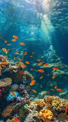 Wall Mural - A beautiful underwater scene with a large number of orange fish swimming around