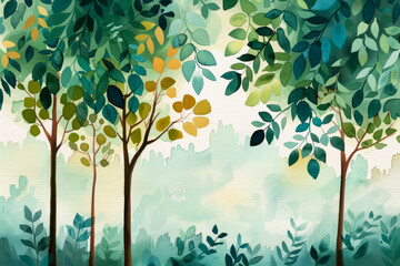 Wall Mural - Watercolor illustration of lush green trees in a serene forest, symbolizing summer tranquility and the importance of shade