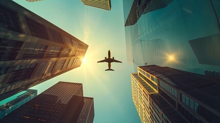 Wall Mural - Airplane flying between skyscrapers at sunset. Stunning cityscape shot from below. Modern urban skyline. Perfect image for travel, aviation, business and urban lifestyle themes. AI