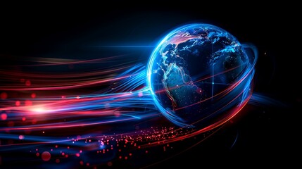 Wall Mural - abstract digital illustration of earth with glowing blue and red light trails. stylized digital art 