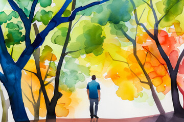 Wall Mural - A person enjoys a walk through a bright, watercolor forest canopy, illustrating summer relaxation and the beauty of nature