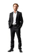 © Who is Danny - Confident man in a black suit standing with hands in pockets, against a white background, conveying a corporate or professional concept. Generative AI