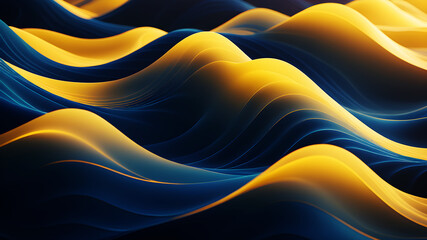 Wall Mural - Design an abstract background with undulating waves in a gradient of colors ranging from deep blues to bright yellows. Employ soft, diffused lighting to create a glowing effect that accentuates the sm