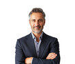 © Who is Danny - A middle-aged man with a beard, dressed in a business suit, posing with folded arms against a white background, photograph. Generative AI
