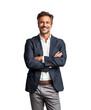 © Who is Danny - Confident middle-aged man in a suit with crossed arms, isolated on a white background, professional concept. Generative AI