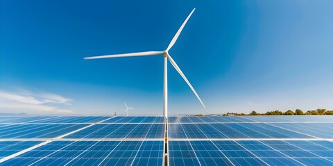 Canvas Print - Hybrid energy farm with wind turbines and solar panels generating renewable power. Concept Renewable Energy, Wind Turbines, Solar Power, Hybrid Energy Farm, Sustainable Technology