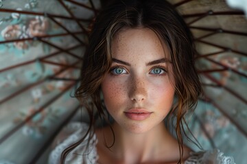 Wall Mural - Woman With Blue Eyes Gazing Under a Floral Umbrella