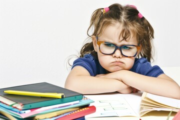 A little girl wearing glasses is sitting at a desk with a stack of books and a notebook. She looks unhappy and is frowning