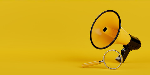 Poster - Retro Megaphone with Search Magnifying Glass Loupe Tool Instrument. 3d Rendering