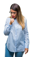 Sticker - Young beautiful business woman wearing glasses over isolated background feeling unwell and coughing as symptom for cold or bronchitis. Healthcare concept.