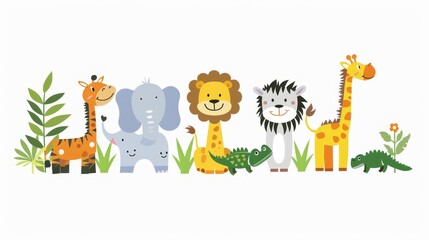 Wall Mural - Various African Safari zoo animals displayed on white background: Giraffe, iguana, zebra, alligator, crocodile, elephant, cheetah, flamingo, lion, monkey, tiger, butterfly, flat design.