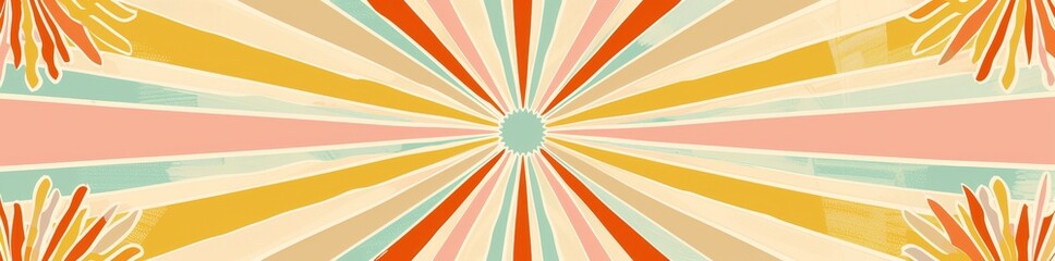 Wall Mural - A bright colorful graphic print of an orange starburst sunburst with ray of light. Retro 60s, 70s hippie style.