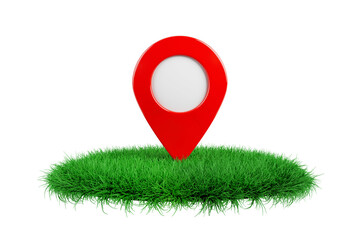 Fototapete - Red Map Pointer Pin on a Green Grass Podium Stage. 3d Rendering