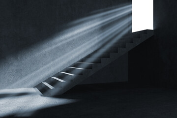 Poster - Success and Growth Concept. Staircase from Dark Concrete Basement to Light. 3d Rendering