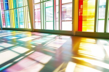 Aufkleber - A room with colorful windows and a white floor. The sunlight is shining through the windows, creating a warm and inviting atmosphere