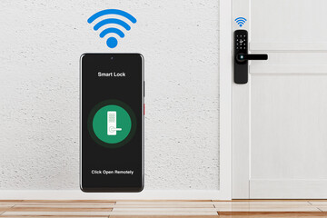 Leinwandbilder - Inteligente Biometric Smart Door Lock with Digital Keypad Controlled by Mobile Phone  with Door Open Application. 3d Rendering