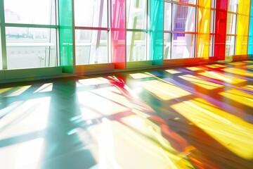 Poster - A room with colorful windows and a floor that is illuminated by the sun. The room has a bright and cheerful atmosphere