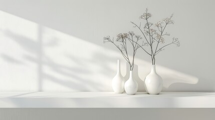 Wall Mural - Minimal modern interior design featuring white vases on shelf against white wall with copy space