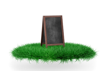 Aufkleber - Blank Wooden Menu Blackboard Outdoor Display on a Green Grass Podium Stage. 3d Rendering