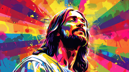 Wall Mural - Joyful Rainbow: Jesus's Hopeful Expression., Modern Depictions of Jesus, Inspirational Imagery, Contemporary Religious Art, Jesus in Today's World, Uplifting Messages, Spiritual Guidance, Faith and Ho
