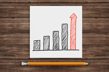 Fototapete - Growth Graph Bars Paper with Pencil on a Desk. 3d Rendering