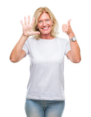 Poster - Middle age blonde woman over isolated background showing and pointing up with fingers number six while smiling confident and happy.