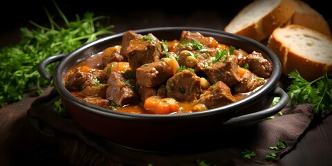 Wall Mural - Velvety French Veal Stew with Tender Meat. Concept French cuisine, Velvety stew, Veal recipe, Comfort food, Slow-cooked meal