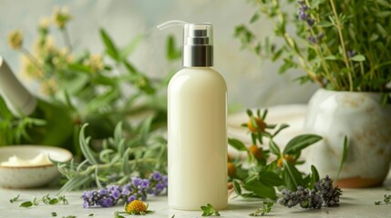 Wall Mural - A white bottle of herbal body wash with a pump dispenser sits in front of a variety of fresh flowers.