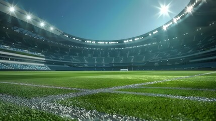 A soccer field with a bright green grass and a few lights in the background. Football stadium arena for professional match with spotlight