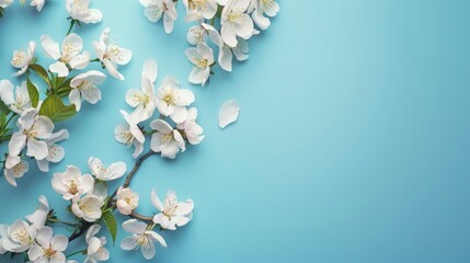 Wall Mural - Beautiful flowers on blue background for card or invitation Top view with space for text