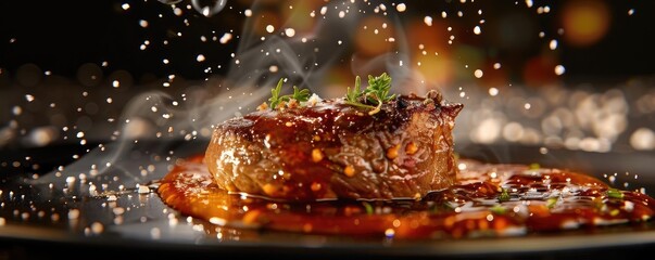 Wall Mural - Sizzling gourmet steak with herbs, dripping with savory sauce, presented in a high-end culinary setting.