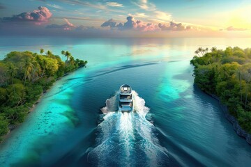 Wall Mural - A luxury yacht cruising between tropical islands on a serene, turquoise sea under a vibrant sunset sky, creating a perfect travel escape.