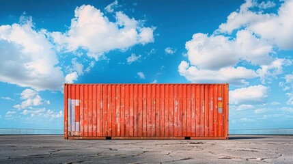 A single container against a clear, blue sky background with open space around it for adding promotional content 