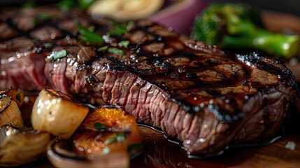 Wall Mural - Juicy grilled steak served with roasted vegetables and garnished with herbs, delicious meal perfect for dinner or special occasions.