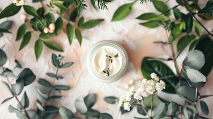 Wall Mural - A white jar of cream sits among green leaves and white flowers, evoking natural beauty and tranquility with its smooth texture and fresh surroundings.