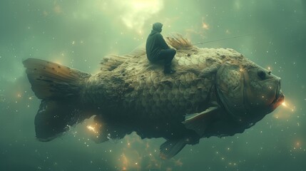 A person fishing while sitting on the back of a giant fish