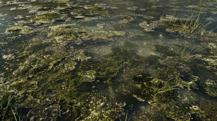 Macro texture of swamp surface with algae and murky water