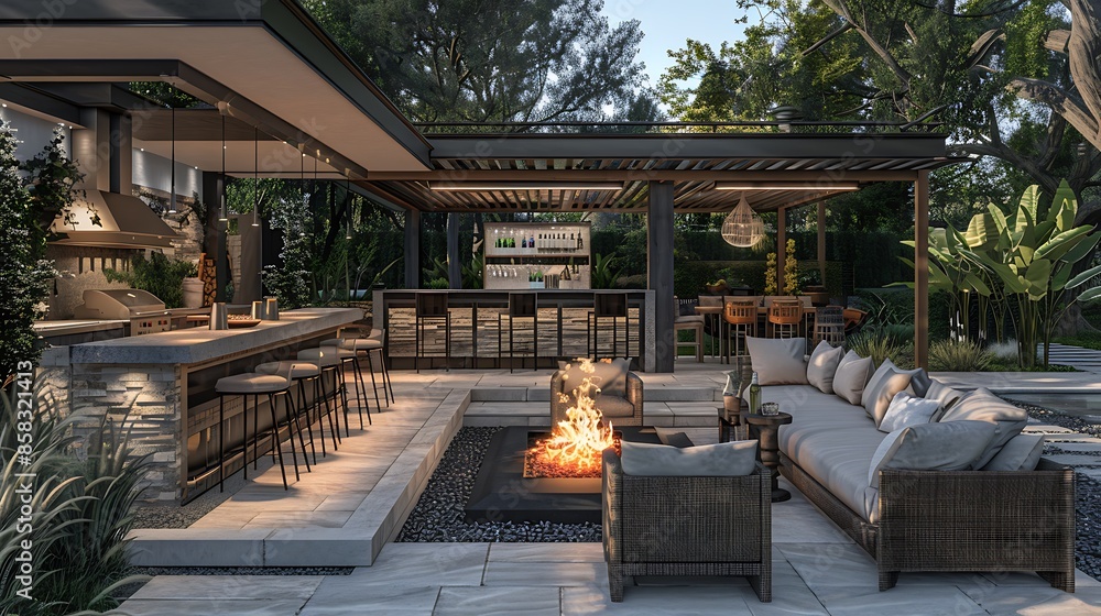 outdoor kitchen with a builtin BBQ, a bar area, and seating around a — free download
