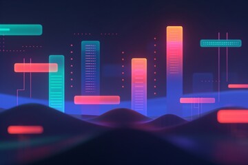 Wall Mural - Futuristic data visualization with vibrant neon colors, abstract cityscape, and digital graphics. Ideal for tech, innovation, and analytics projects.