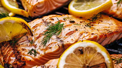 Wall Mural - Tightly packed arrangement of a perfectly grilled salmon fillet with lemon slices and dill in a minimalist composition, filling the frame. Emphasizes the moist and flaky texture of the fish.





