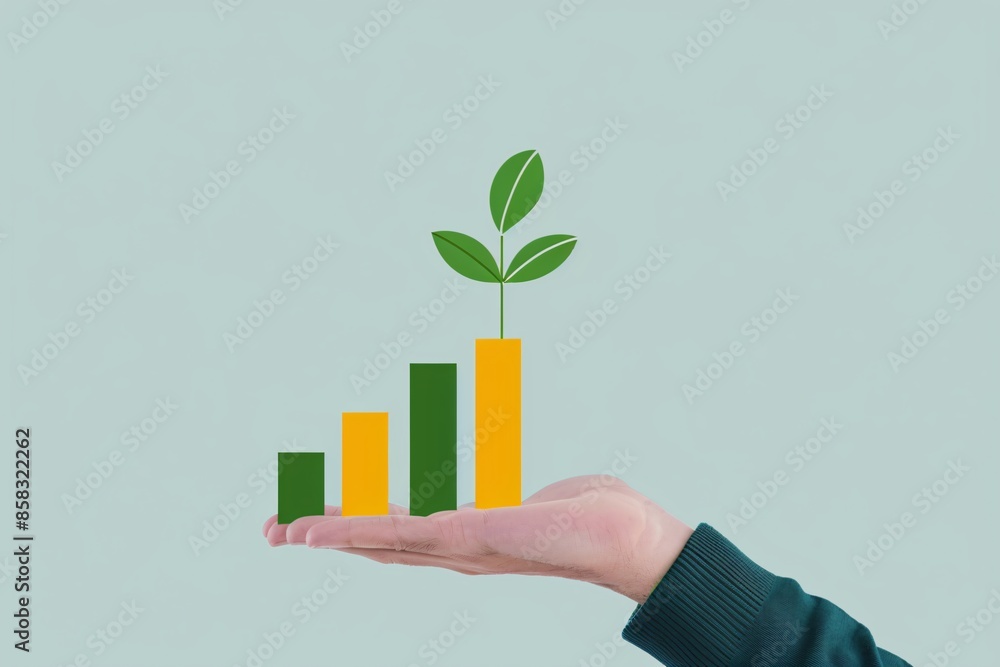 Hand holding a growing bar chart with a plant, representing business ...