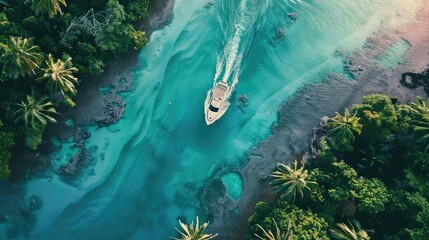 Wall Mural - Aerial view of a boat sailing through a turquoise waterway surrounded by lush green tropical foliage and towering palm trees.