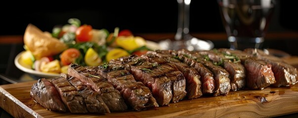 Wall Mural - Succulent grilled steak sliced on a wooden board, served with a colorful vegetable salad in the background, perfect for a gourmet meal.