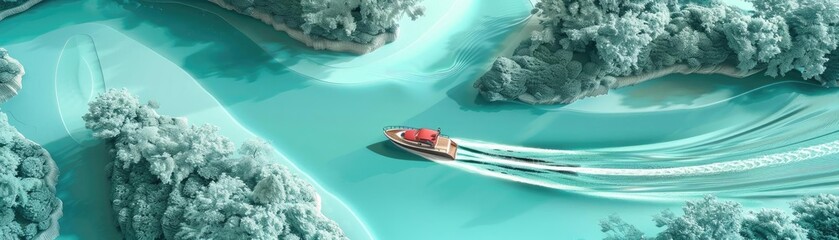 Wall Mural - Aerial view of a boat speeding through turquoise waters surrounded by lush green islands, creating dynamic white wake trails.