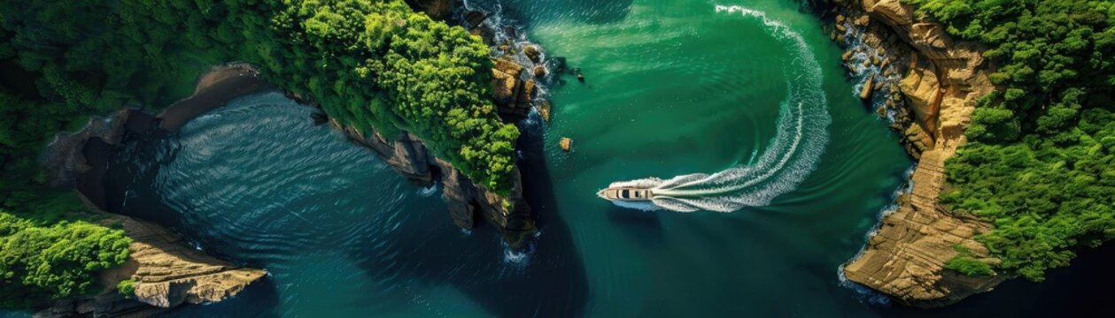 Aerial view of a boat sailing through a lush green coastal landscape with crystal-clear waters and rugged cliffs.