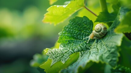 Close up of grapevine and garden snail on leaf with space for text